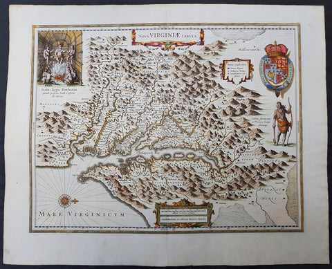 1633 John Smith & Hondius Original Antique Map of Virginia, Chesapeake Bay - Pocahontas