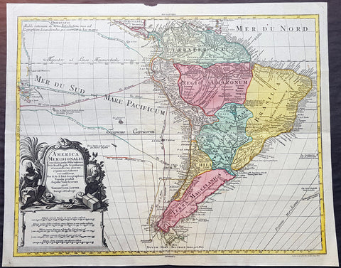 1772 Tobias Lotter Large Antique Map of South America, Drake, Magellan, Le Maire