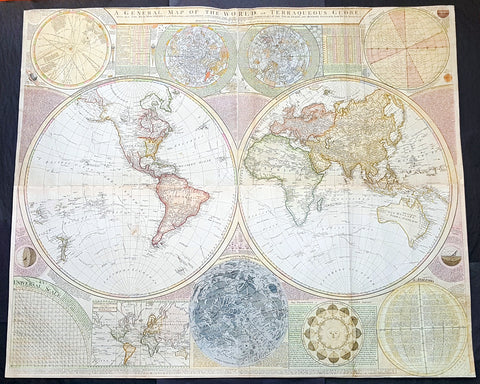 1787 Samuel Dunn Large Antique Double Hemisphere World Map w/ Scientific anno.