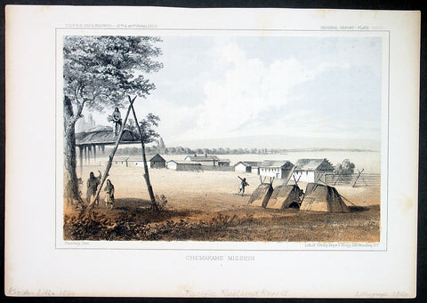1855 USPRR Large Antique Print Tshimakain Indian Mission, Ford, Washington State