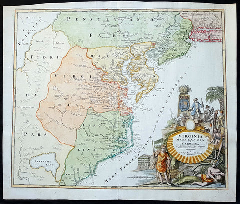 1715 J B Homann Large Antique Map of North America Virginia Chesapeake Bay NJ, NY