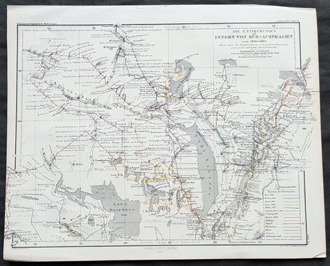 1860 Petermann Antique Map - Tracks of 14 Explorers 1840-59 in South Australia
