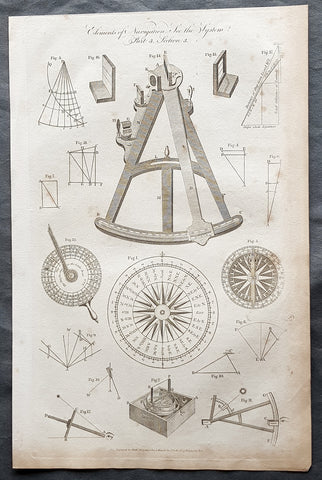 1798 W H Hall Large Antique Print Various 18th century Navigational Instruments