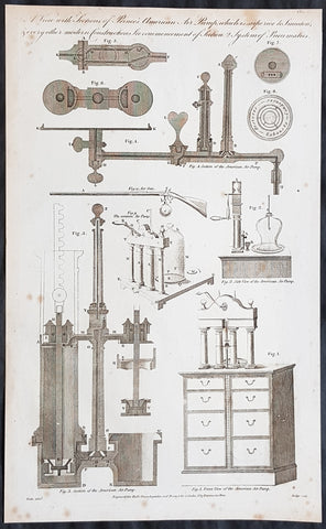 1798 William Hall Antique Print of Pneumatic Air Pump Parts, Air Powered Rifles