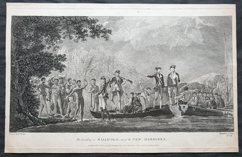 1777 Capt Cook Antique Print View of Cook Landing on Malakula Island, Vanuatu in 1774
