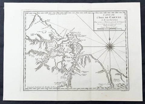 1753 Bellin Antique Map of The Island of Cayenne French Guyana, South America