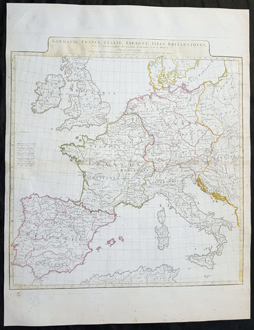 1771 J B D Anville Large Original Antique Map of Western Europe & Britain