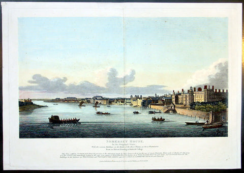 1809 Wilkinson Large Antique Print View of River Thames & Somerset House, London