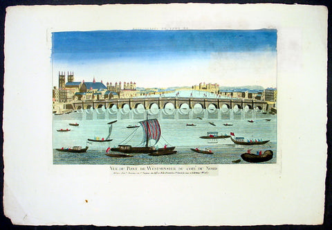 1780 Vue d' Optic Antique Print of Westminster, River Thames, Tower of London