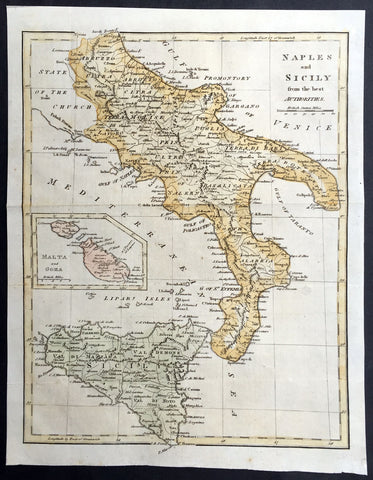 1799 Cary, Moores Old, Antique map of Southern Italy Sicily - Malta & Goza Isles