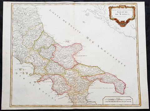 1757 Robert De Vaugondy Large Antique Map Southern Italy Mezzogiorno, 2 Sicilies