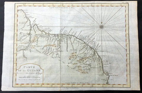 1773 Nicolas Bellin Original Antique Map of Guyana, South America