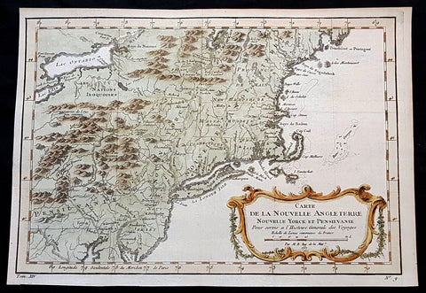 1757 J N Bellin Antique Map of of New England, Pennsylvania to New York to Maine