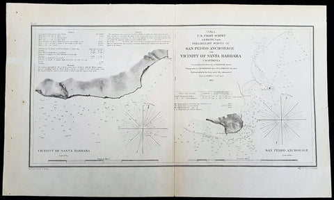 1855 A D Bache Rare Antique Map Santa Barbara &San Pedro, Los Angeles California