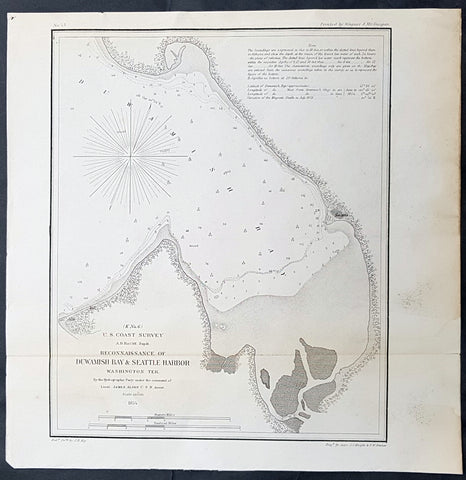 1854 US Coast Survey & A D Bache Early Antique Map Duwash Bay & Seattle Harbor Seattle Washington