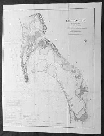 1857 A D Bache Large Rare Antique Map of San Diego Bay, California