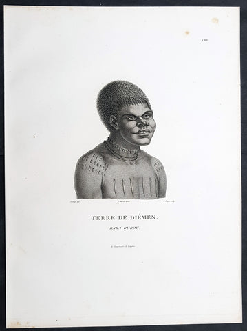 1807 Nicolas Baudin & N M Petit Antique Print of Tasmanian Aboriginal Bara-Ourou