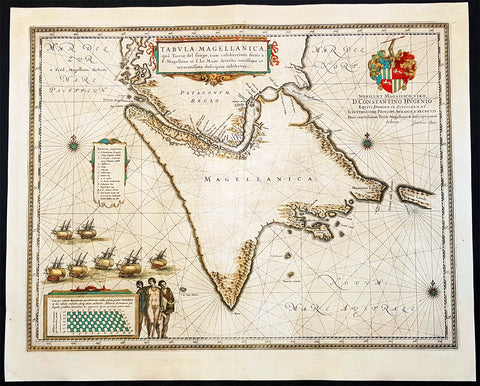 1642 Joan Blaeu Large Antique Map of Tierra Del Fuego & the Magellan Straits, South America