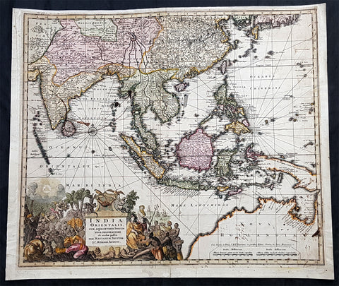 1730 Georg Seutter Large Antique Map Australia, China, SE Asia, Indonesia, India