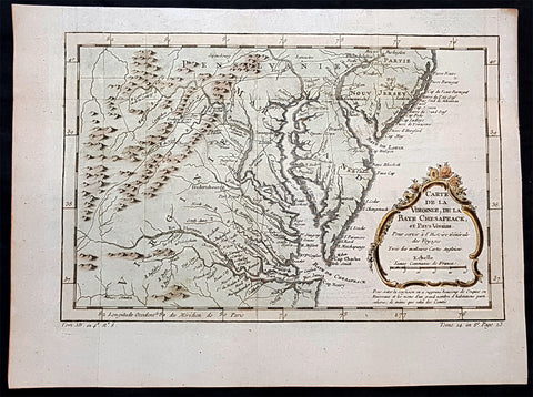 1756 J N Bellin Antique Map Virginia, Chesapeake Bay, Maryland & parts NJ & PA