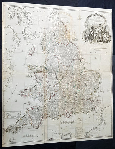 1794 Laurie & Whittle, John Rocque Large Antique Map England & Wales, Sea Battle