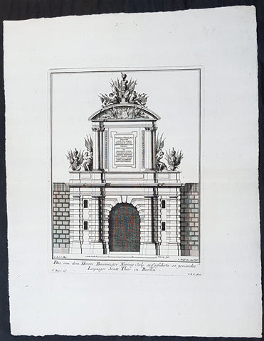 1740 Wolff & Corvinus Antique Architectural Print of Berlin Gate, Leipziger Tor