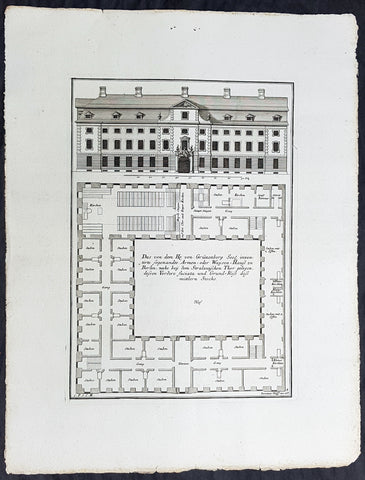 1740 Wolff & Corvinus Antique Arch Print of a Poorhouse near Stralau Gate Berlin