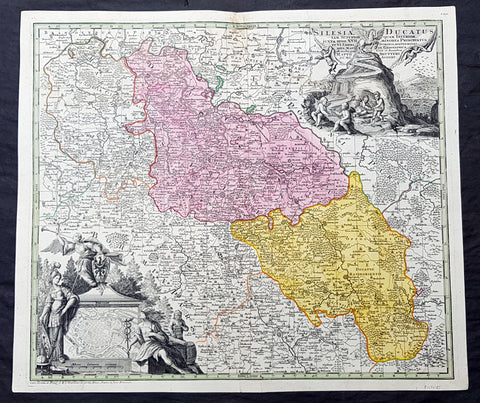 1730 G M Seutter Large Antique Map of The Silesia Region of Poland inset Wroclaw