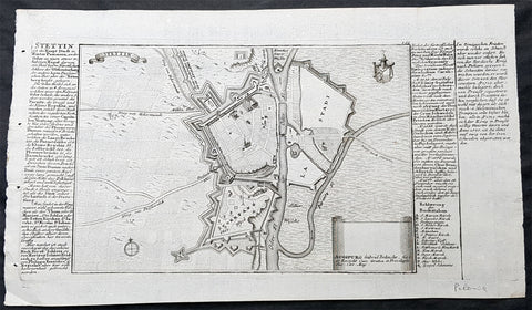 1725 Gabriel Bodenehr Antique Map Birds Eye View of Szczecin or Stettin, Poland