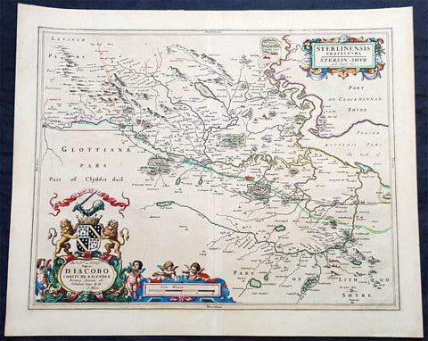1645 Joan Blaeu Large Antique Map of The County of Stirling, Scotland, Falkirk