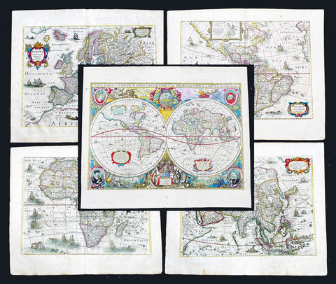 1630-31 Hondius Antique World & Four Continent Maps America Africa Asia & Europe