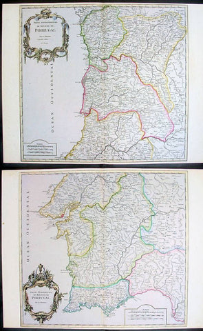 1757 De Vaugondy Large Antique Maps x 2 of North & South Portugal