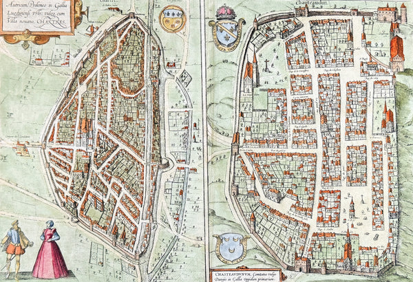 1574 Braun & Hogenberg Antique Birds Eye Views Chartres & Chateaudu Loire France