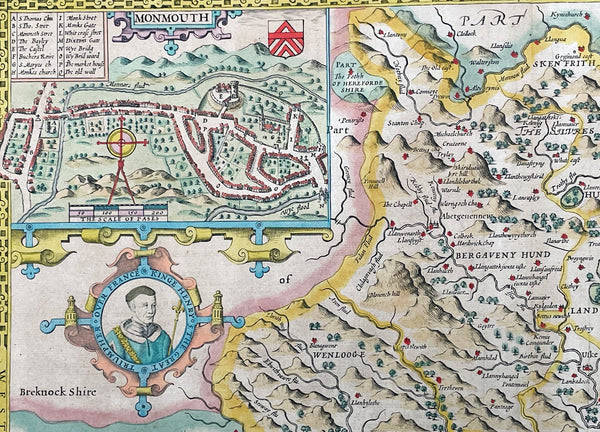 1676 John Speed Antique County Map of MonmouthShire - Beautiful Original Colour