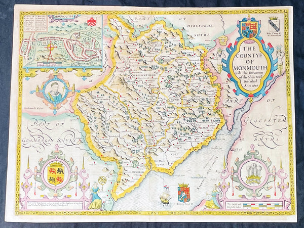 1676 John Speed Antique County Map of MonmouthShire - Beautiful Original Colour