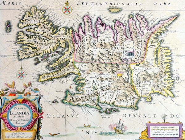 1644 Willem Blaeu Antique Map of Iceland - Beautiful Original Hand Colouring