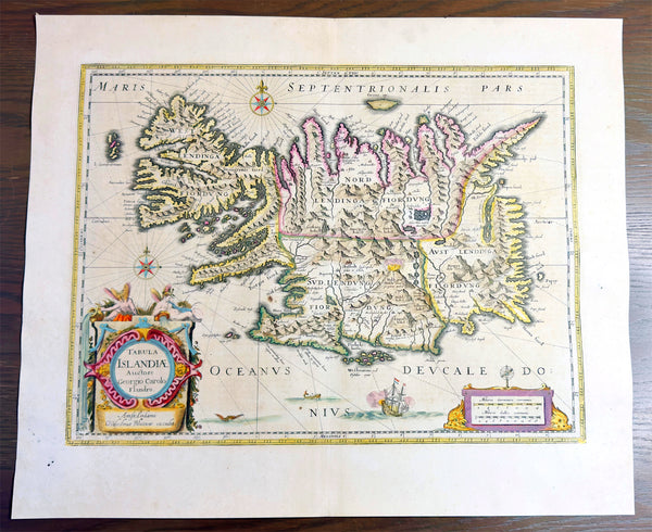 1644 Willem Blaeu Antique Map of Iceland - Beautiful Original Hand Colouring