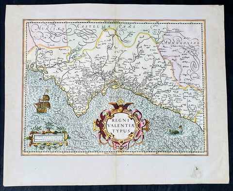 1628 Henricus Hondius Antique Map Valencia Region of Spain & Mediterranean Sea