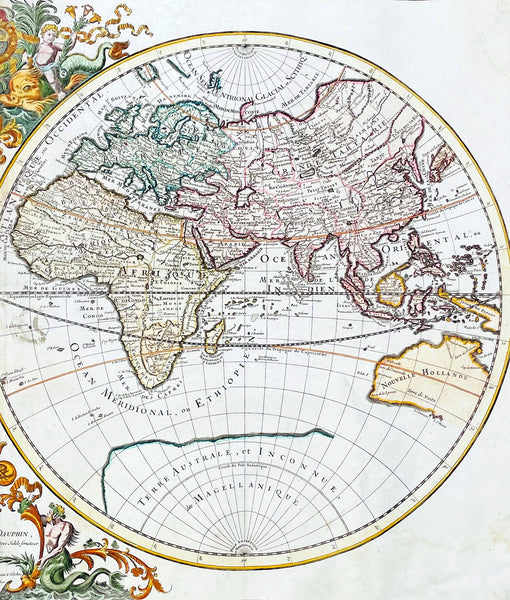 1719 Alexis Jaillot Large Antique Twin Hemisphere World Map Scarce Final Edition