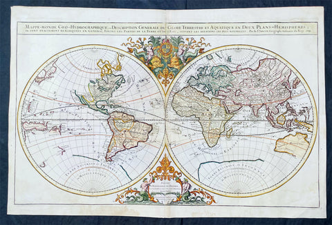 1719 Alexis Jaillot Large Antique Twin Hemisphere World Map Scarce Final Edition