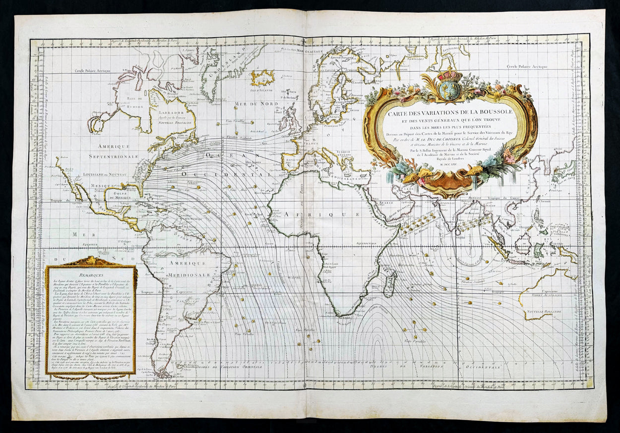 1765 Bellin Large Antique World Map of Global Winds & Magnetic Variati ...