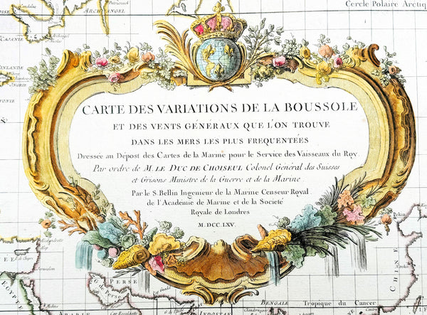 1765 Bellin Large Antique World Map of Global Winds & Magnetic Variations