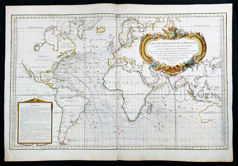 1765 Bellin Large Antique World Map of Global Winds & Magnetic Variations