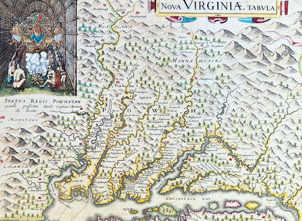 1642 Blaeu, Hondius & John Smith Antique Map of Virginia, America - Pocahontas