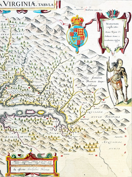 1642 Blaeu, Hondius & John Smith Antique Map of Virginia, America - Pocahontas