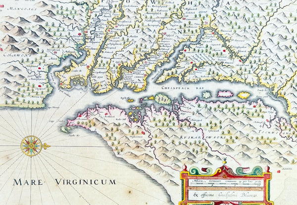 1642 Blaeu, Hondius & John Smith Antique Map of Virginia, America - Pocahontas