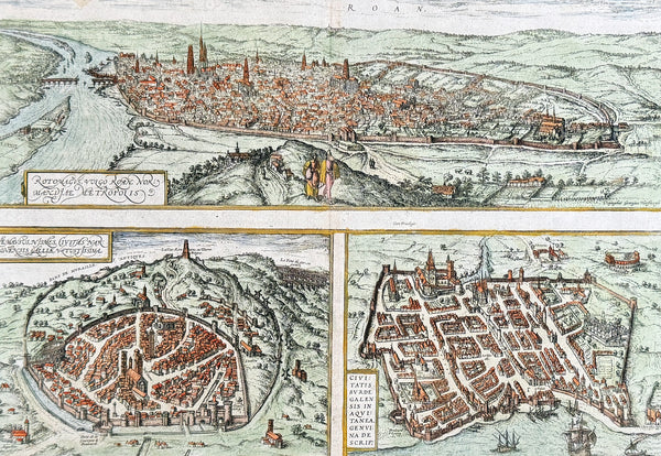 1574 Braun & Hogenberg Antique Map City Views of Rouen, Nimes & Bordeaux France