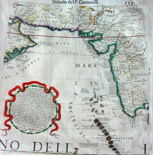 1696 Coronelli Antique Map, Globe Gore, of India, Pakistan, Iran, Persian Gulf