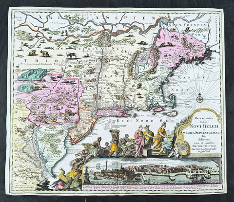 1730 Georg Seutter Antique Map of New England & New York City - Rare 2nd State