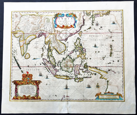 1639 Hondius Antique Map of Australia, East Indies, India to China - Duyfken